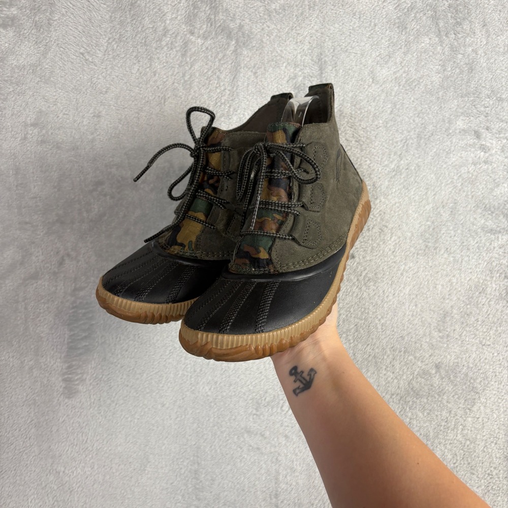 Sorel Out N About Plus Waterproof Duck Boots Camo Alpine Tundra Suede Womens 8.5